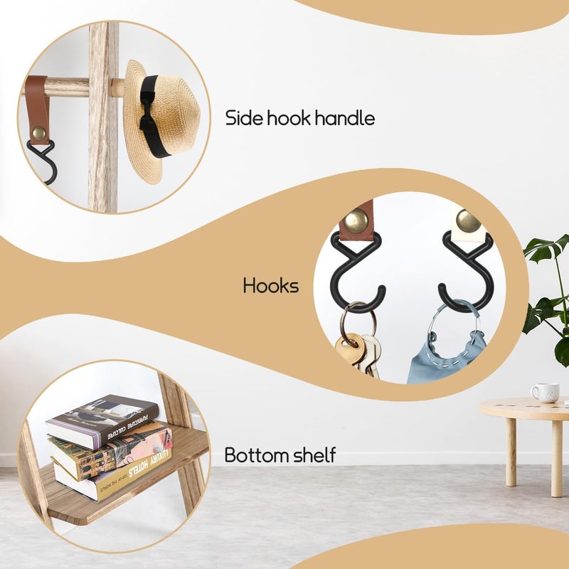 Fuairmee Wooden Ladder with Shelf for Room Decor, 6-Tier Decor Ladder with Non-Slip Mat & Hooks, Farmhouse Style Leaning Wall Display Holder - Image 3